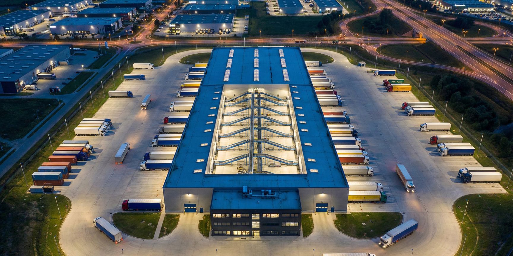 Luftaufnahme eines modernen, beleuchteten Logistik-Hubs bei Nacht. Zahlreiche Lkw stehen an den Verladetoren des langgestreckten Cross-Docking-Gebäudes, das im Zentrum eines Industriegebiets liegt. Im Inneren des Gebäudes ist ein automatisiertes Fördersystem durch das Dach sichtbar, was den effizienten Warenumschlag symbolisiert. Das Bild repräsentiert die zentrale Logistikimmobilie im Hub-and-Spoke-Modell.